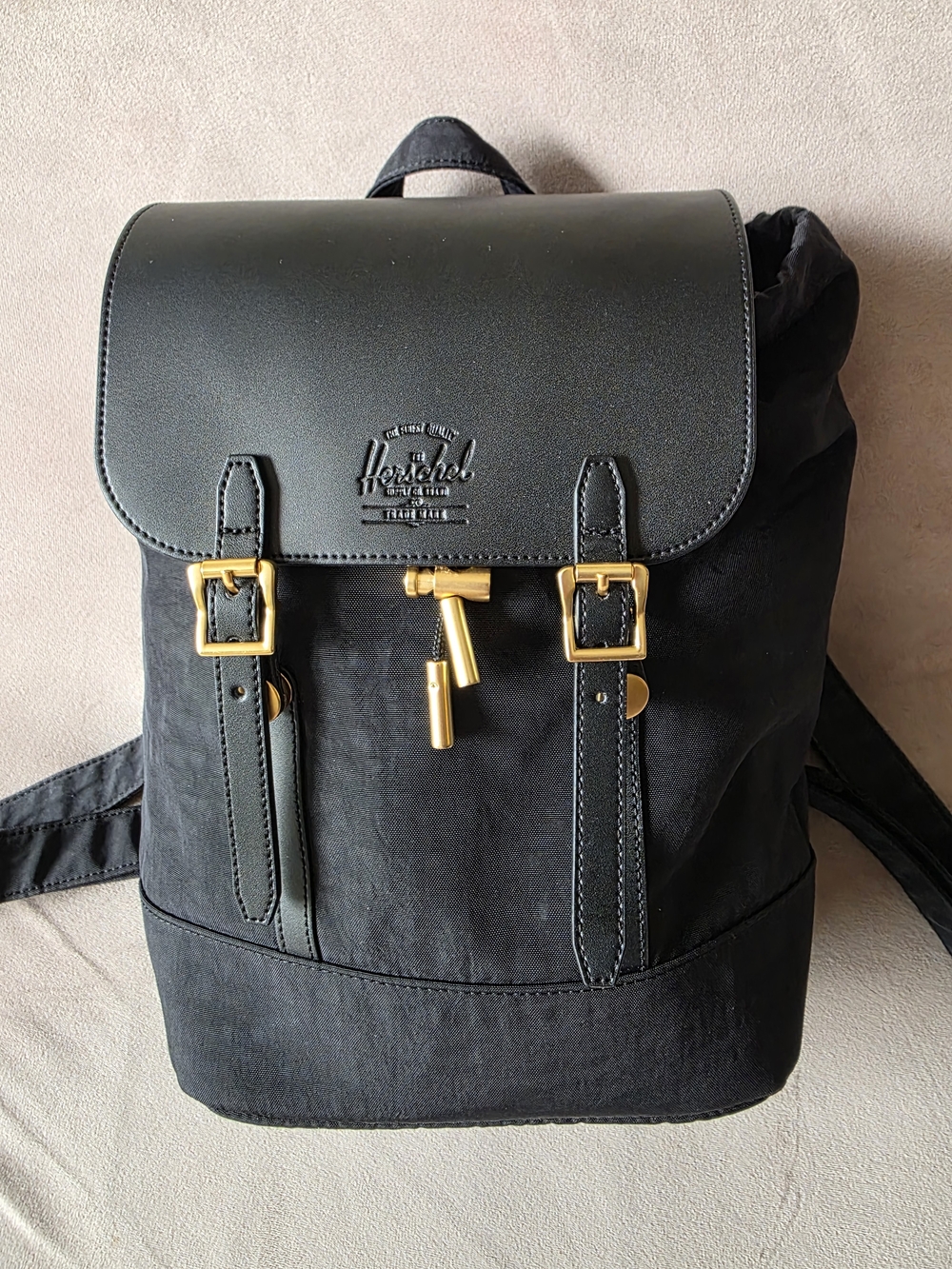 Herschel Black Canvas Backpack with Gold Hardware